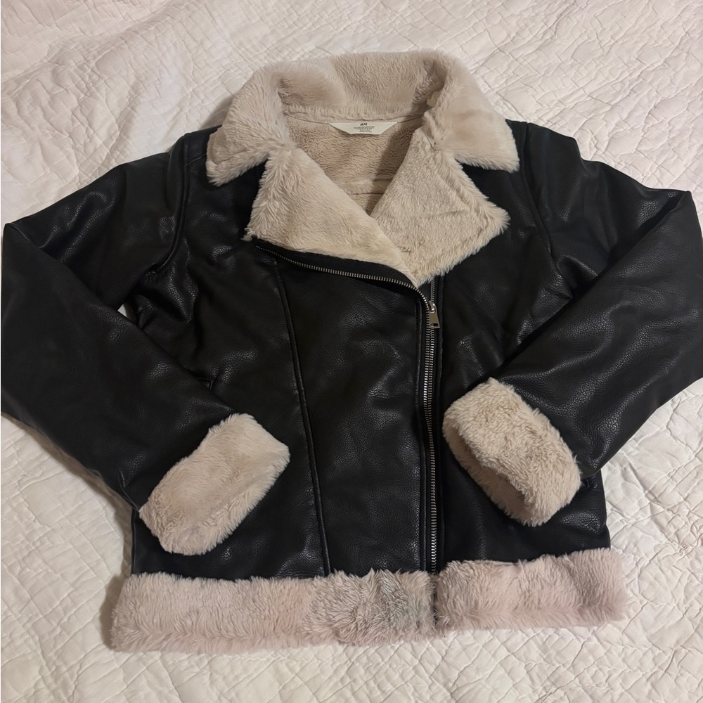 H&M Black Faux Leather Jacket with Cream Faux Fur Trim